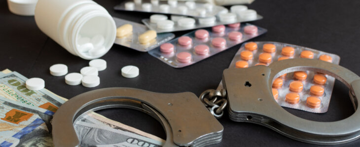 Handcuffs and drugs on a table